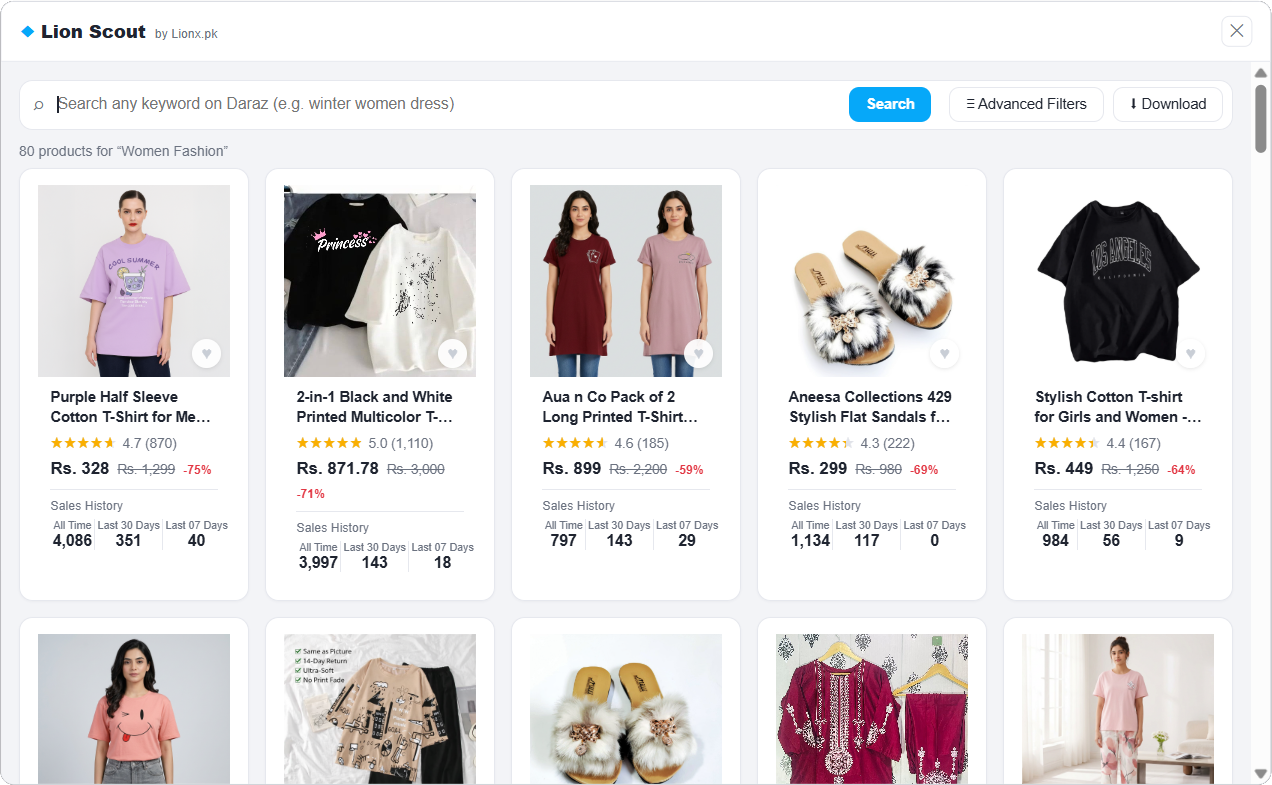 Lion Scout market research — search any Daraz keyword and see sales history for every product